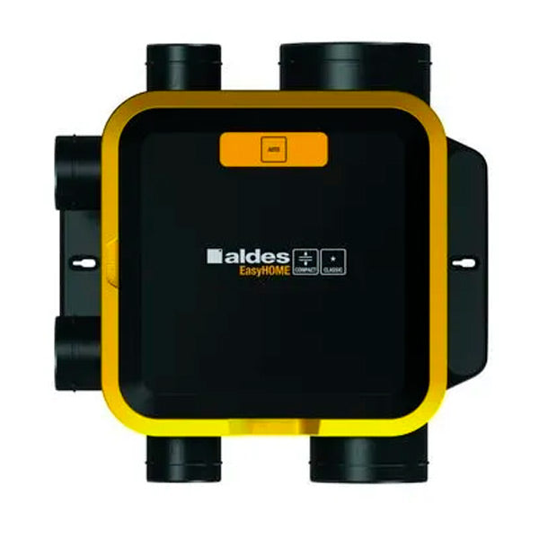 VMC Aldes EasyHOME compacte, couleur noire et jaune, ventilation mécanique contrôlée