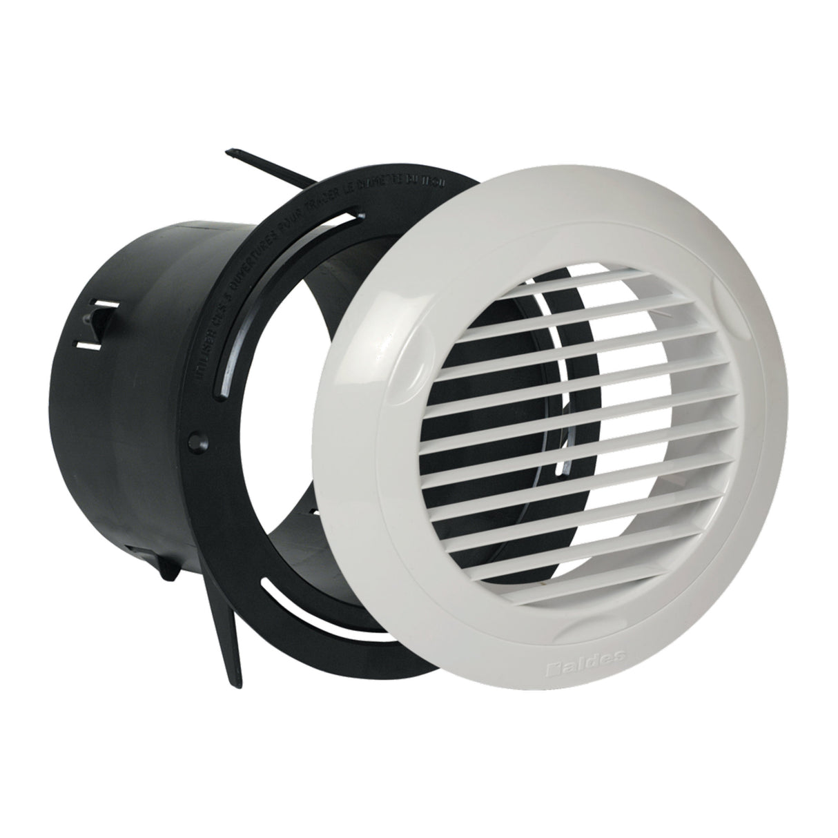 Bouche d’aération Aldes, grille blanche, système de ventilation, design rond.