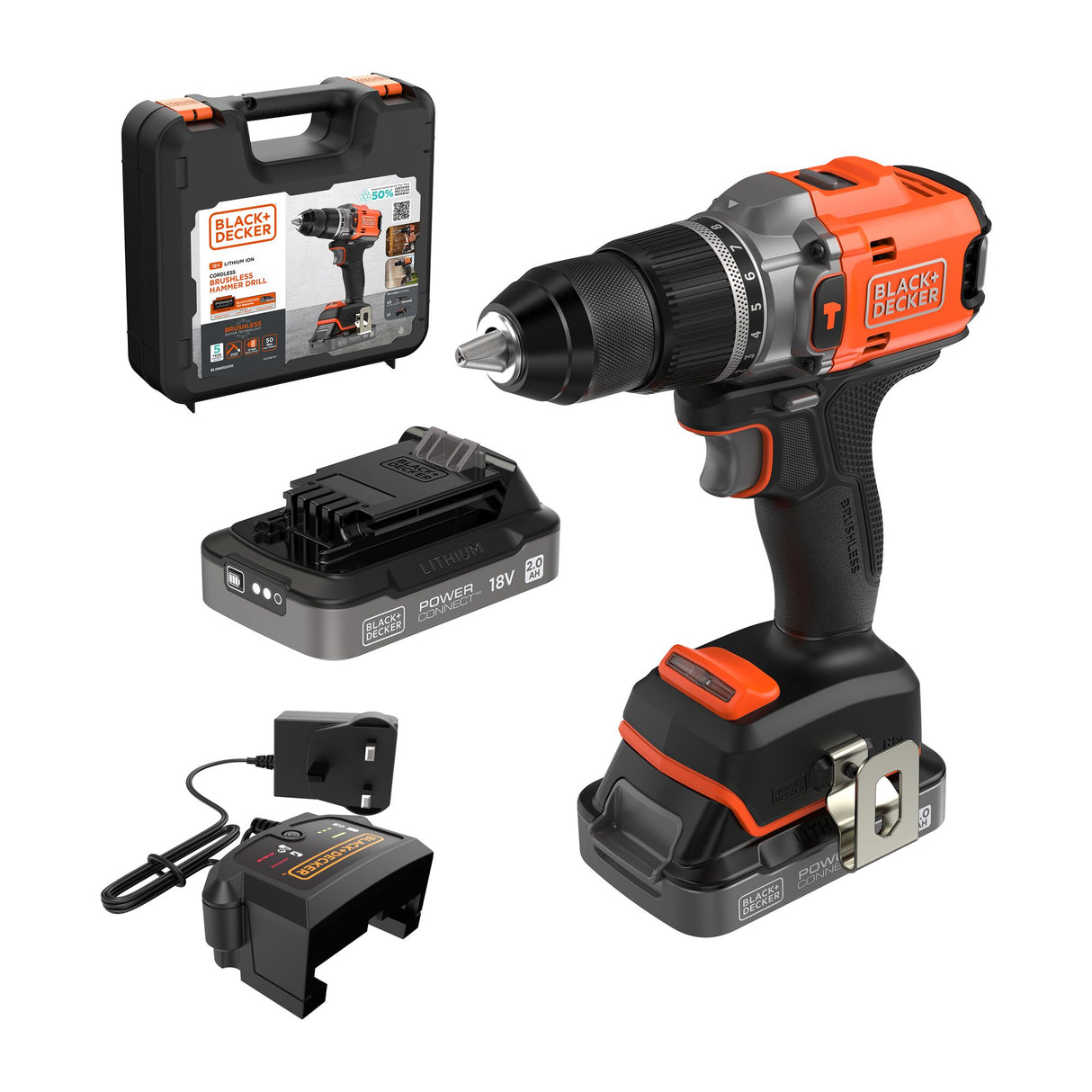 BLACK+DECKER Perceuse Visseuse à percussion Éco-Responsable 18V Brushless - 2 Batteries 2Ah – En Mallette - BLD683D2XK-QW