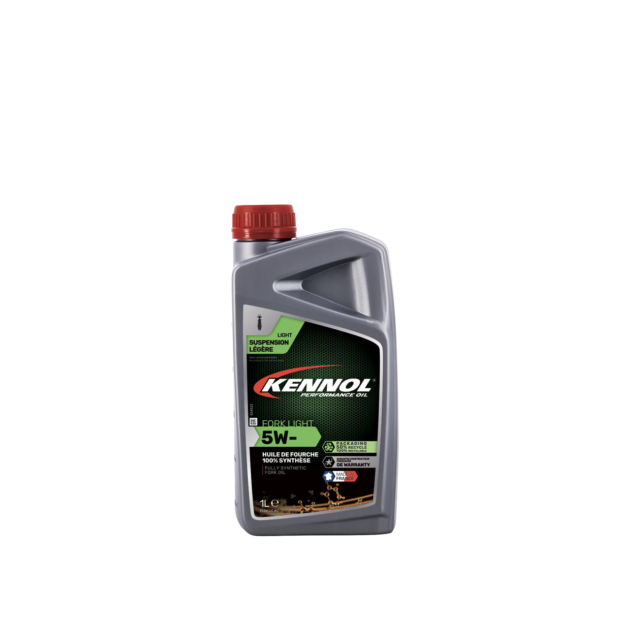 Huile de fourche Kennol, produit synthétique, bidon gris avec bouchon rouge.