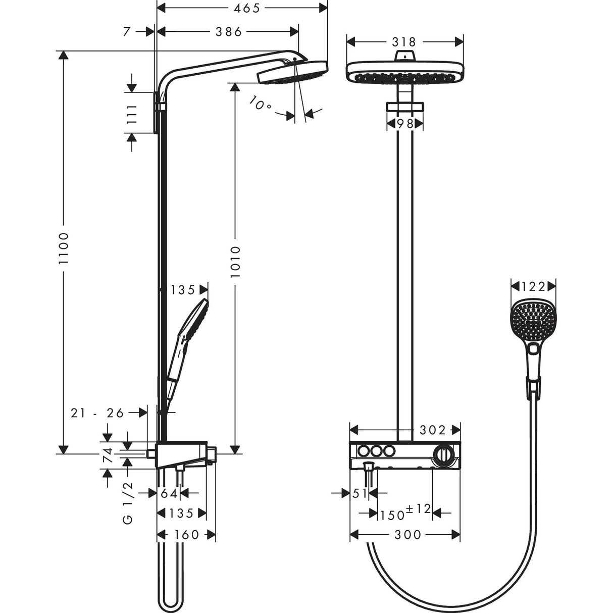 Schéma technique de colonne de douche Grohe, finition chromée, avec douchette et pommeau rond.
