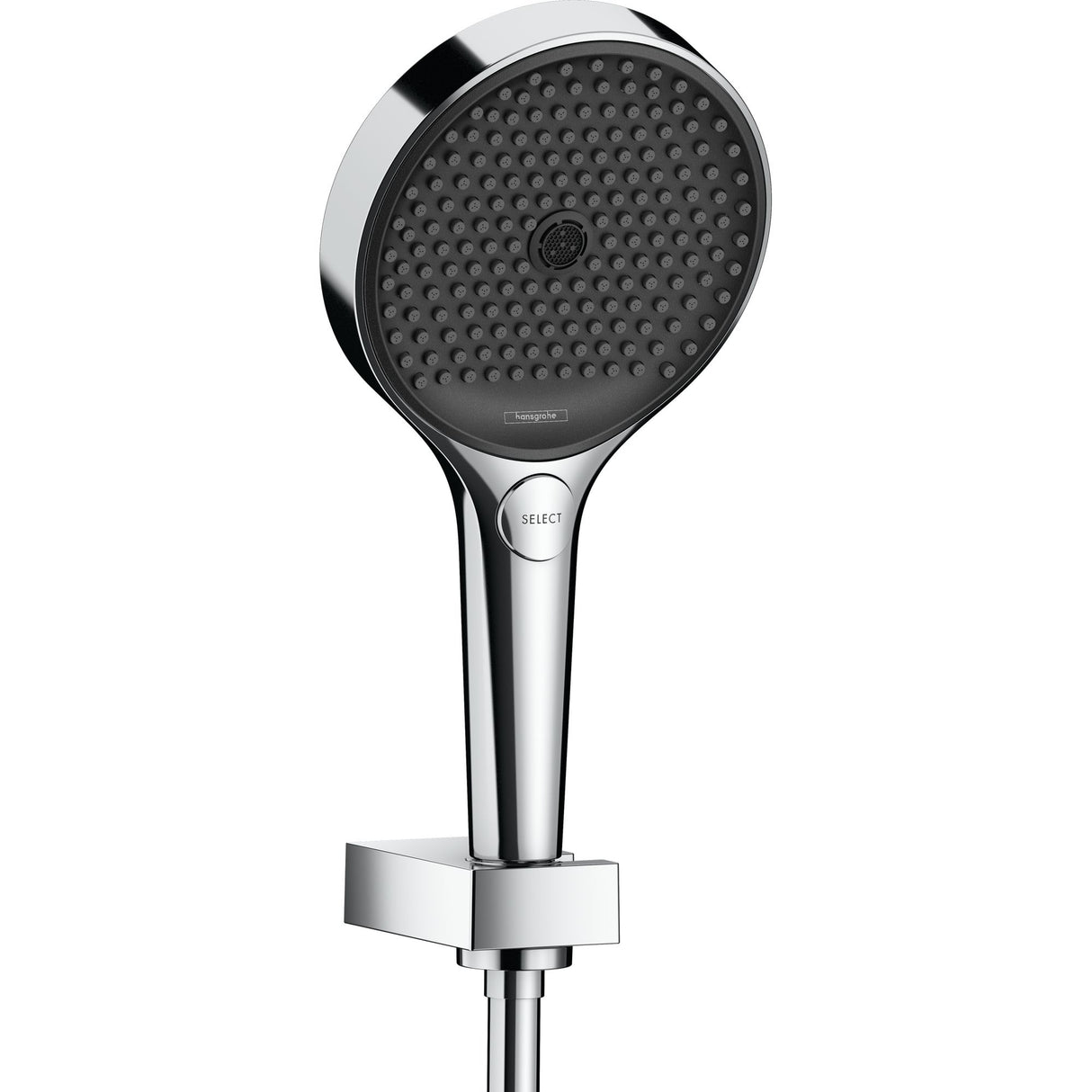 Douchette Hansgrohe, type pommeau de douche, couleur chrome et noir, design moderne.