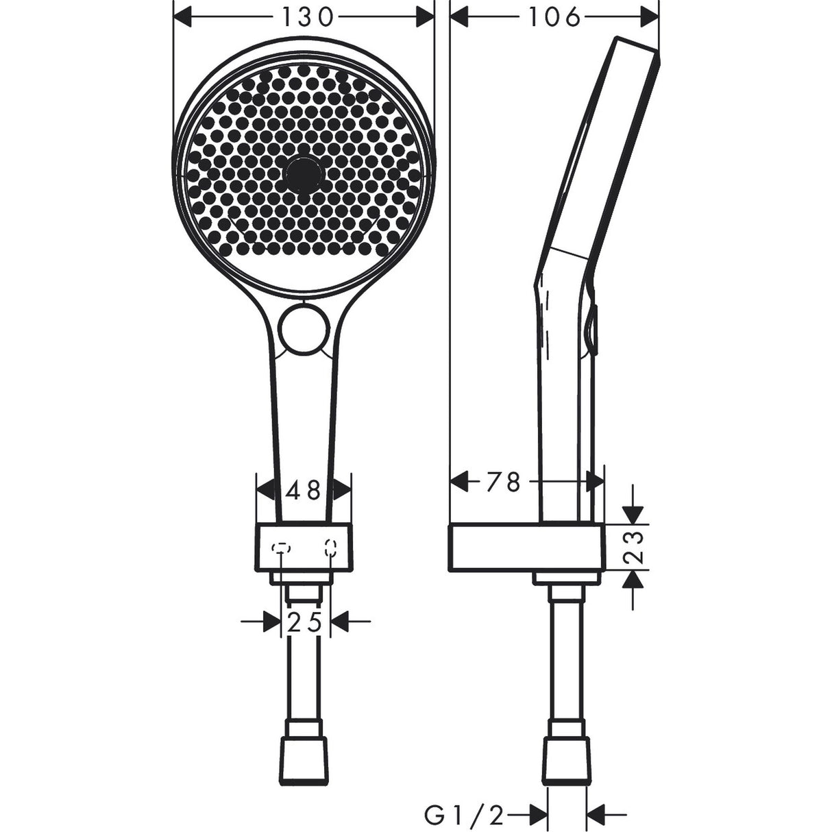 Pommeau de douche Grohe, type rond, couleur chrome, avec schéma de dimensions techniques.
