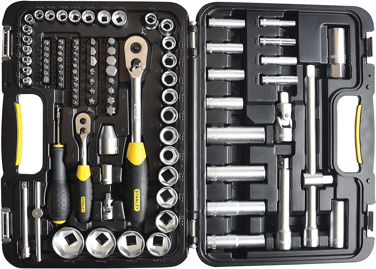 Coffret à douilles Stanley, outillage à main, couleur noir et jaune, assorti d'embouts et cliquets.