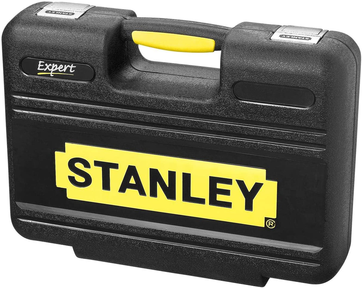 Mallette à outils Stanley, noire avec poignée jaune, marque visible sur le coffret.
