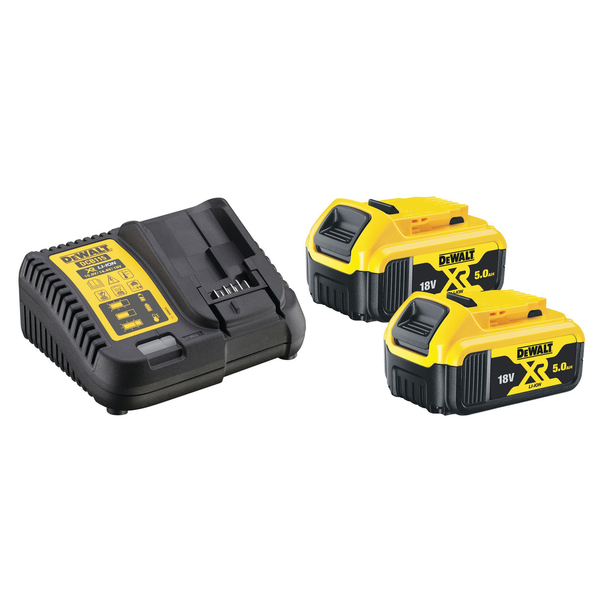 Kit batteries et chargeur DeWalt, noir et jaune, type XR Li-Ion 18V 5.0Ah.