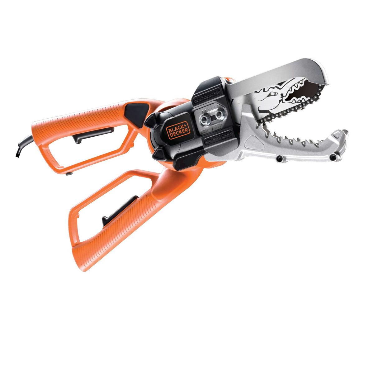 Scie élagueuse Black+Decker, outil électrique, couleur orange et argent.