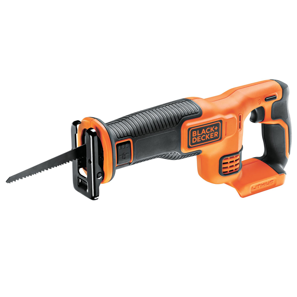 Scie sabre Black+Decker sans fil, couleur orange et noire, outillage électroportatif