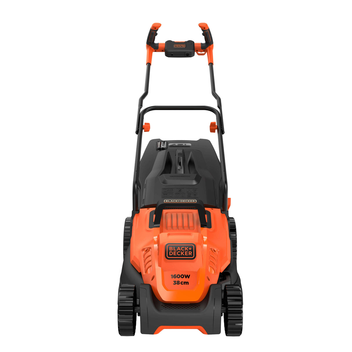 Tondeuse à gazon BLACK+DECKER électrique orange et noire, largeur de coupe 38 cm.