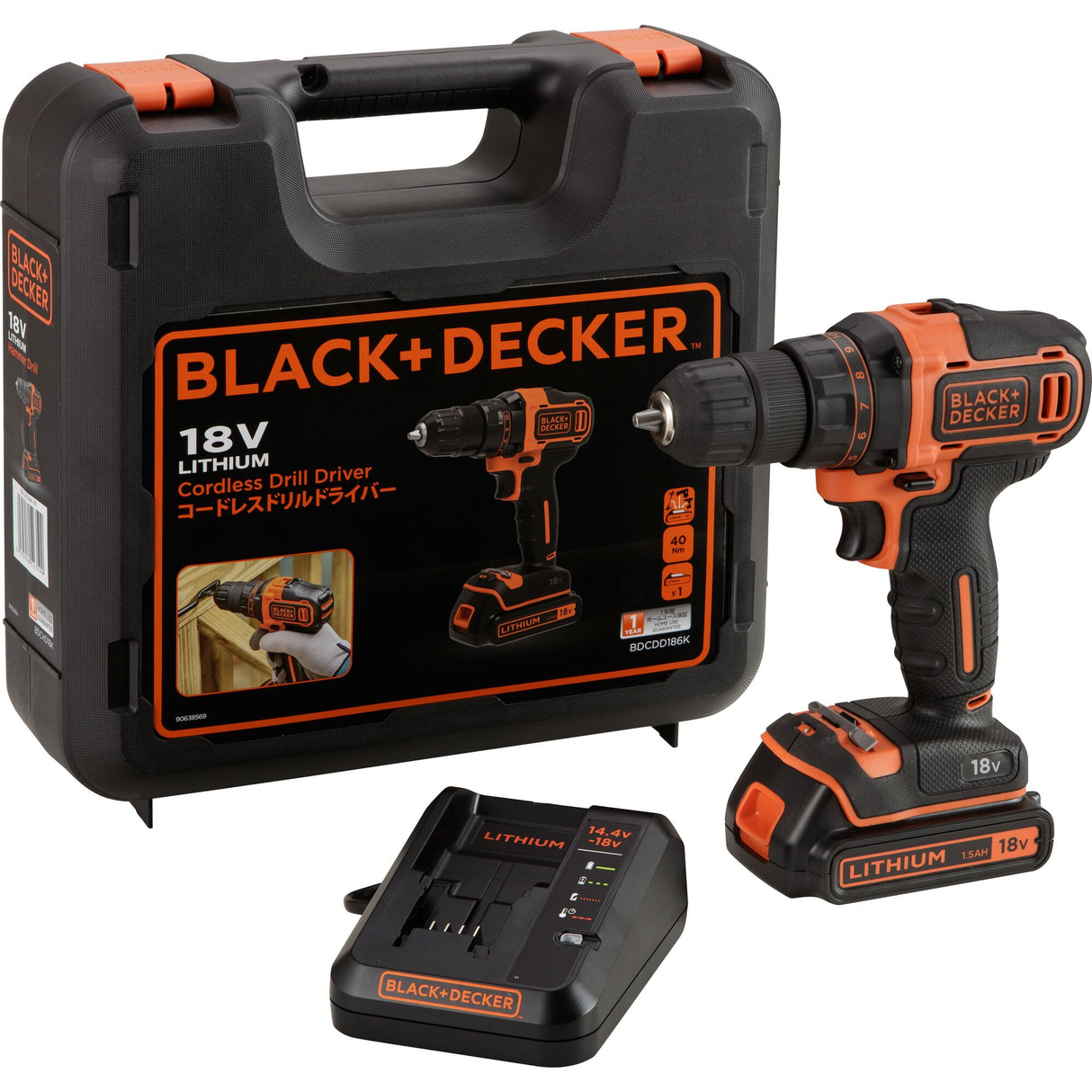 BLACK+DECKER Perceuse-visseuse sans fil 18V batterie 1.5Ah BDCDD186K-QW