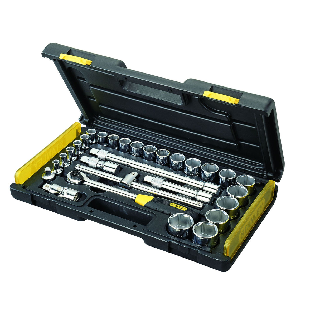 Coffret à douilles Stanley, outillage noir et jaune avec pièces chromées argentées.
