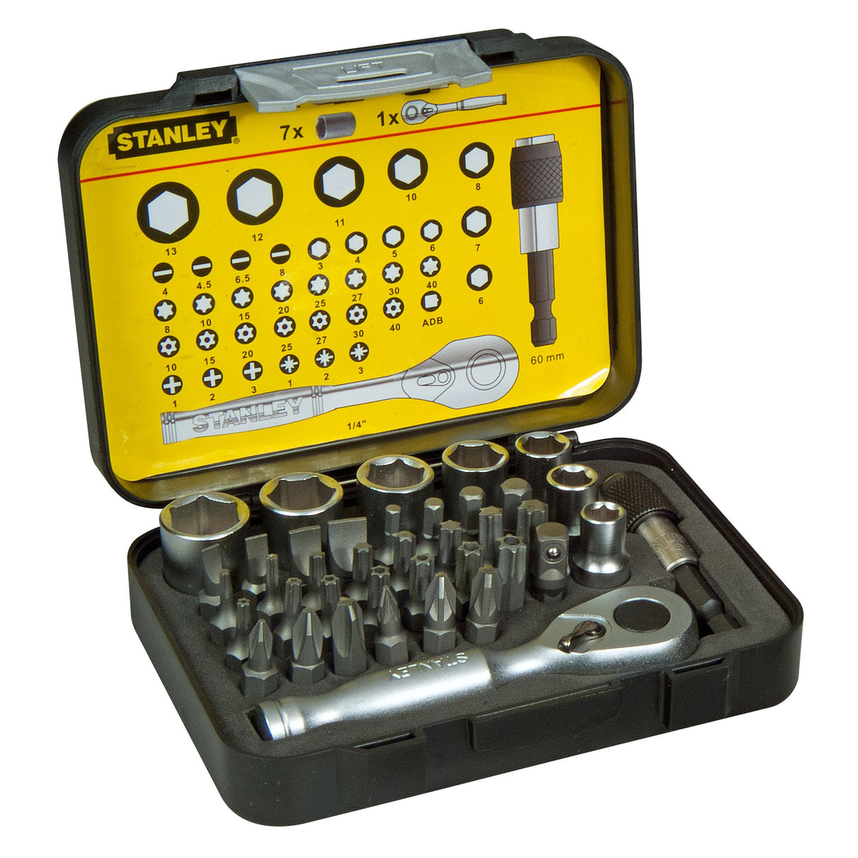 STANLEY Coffret 39 pièces d'embouts de vissage 1/4'' 25mm et clé à cliquet 1-13-906