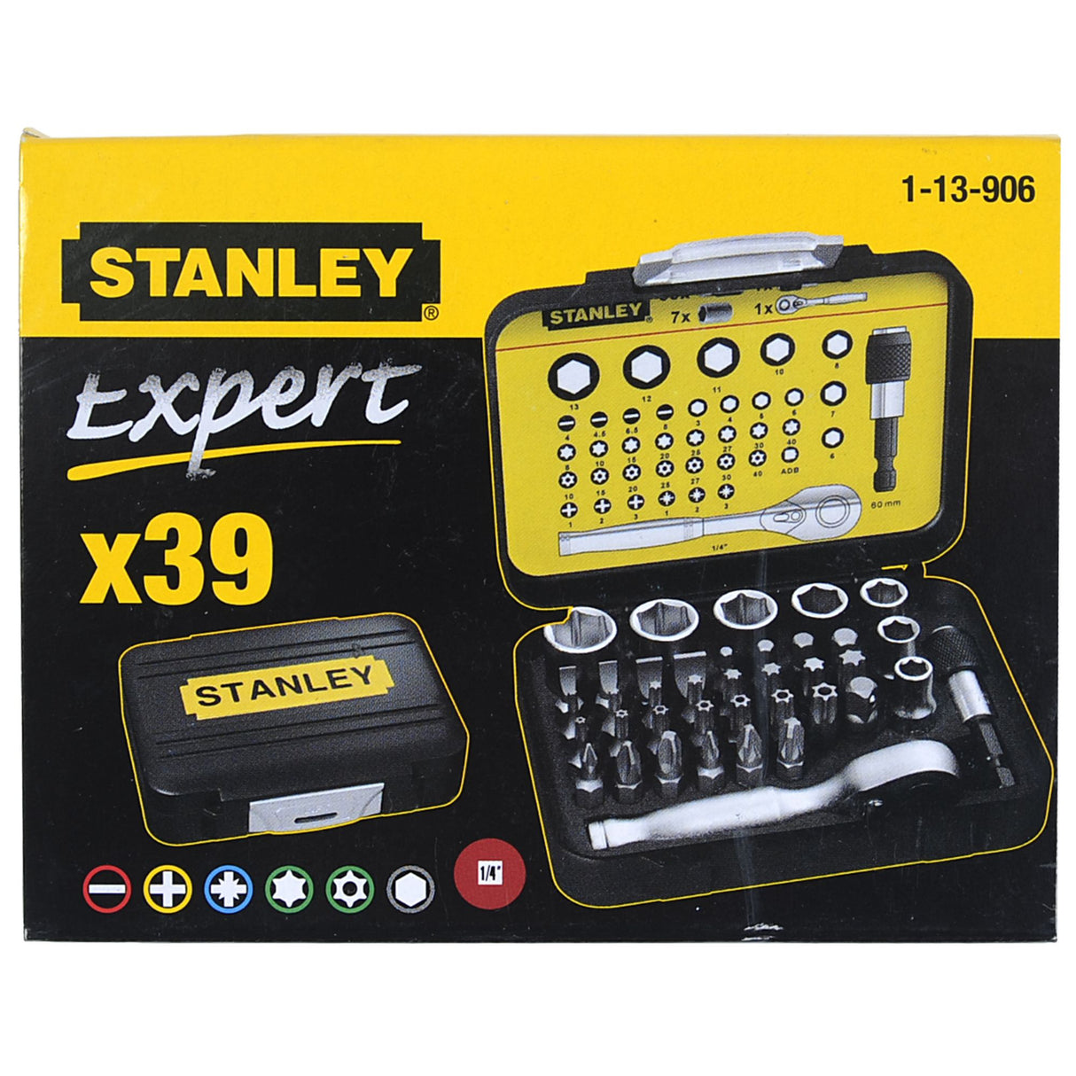 STANLEY Coffret 39 pièces d'embouts de vissage 1/4'' 25mm et clé à cliquet 1-13-906