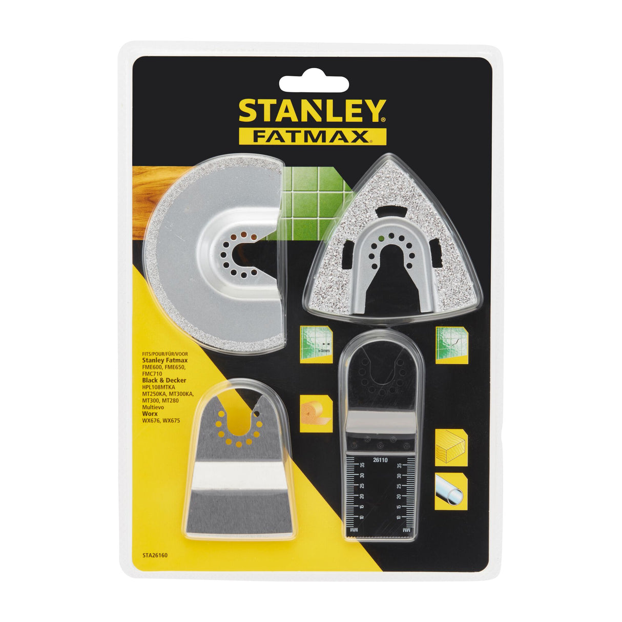 STANLEY Lot de 4 accessoires lame à concrétion 92mm et 78mm avec un grattoir rigide et lame bi-métal 32mm STA26160-XJ