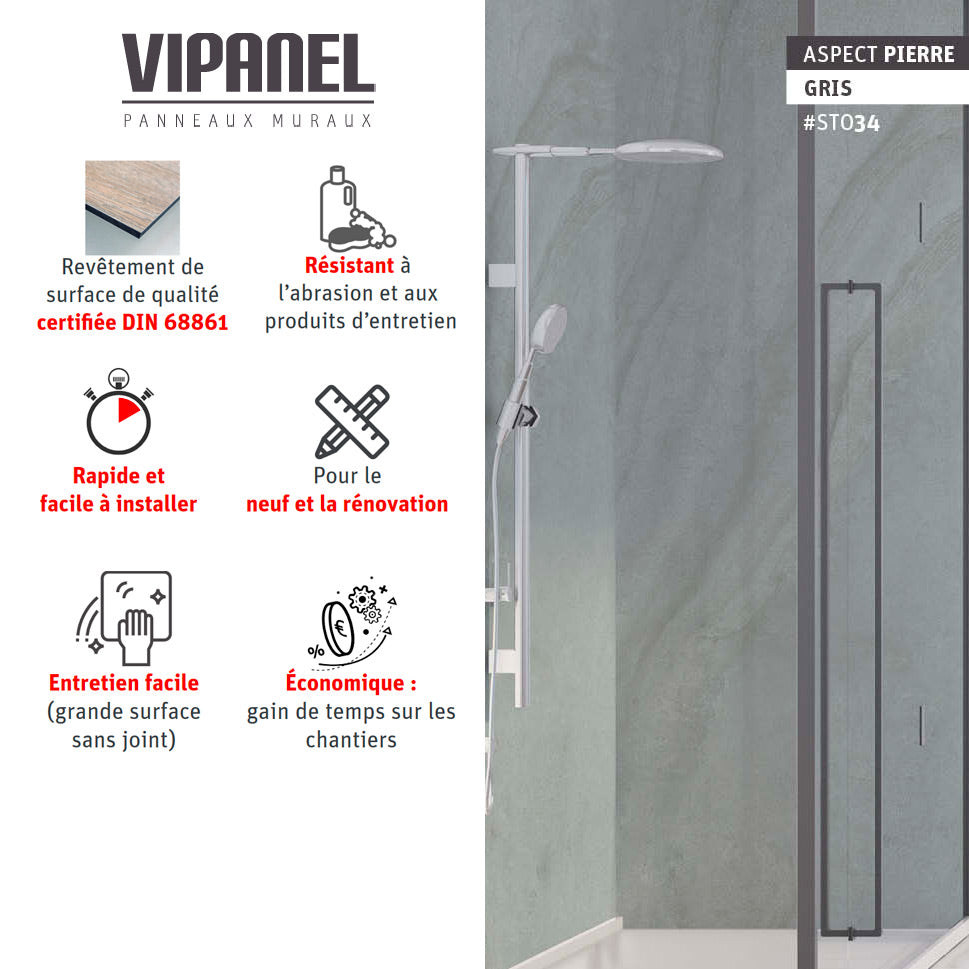 Panneau mural VIPANEL aspect pierre gris, type revêtement mural pour salle de bain.