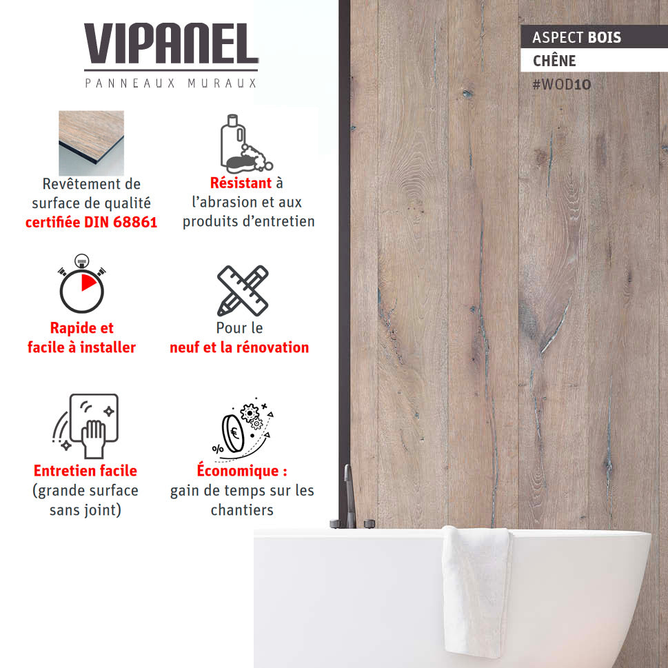 VIPANEL Panneau mural en alu-composite aspect bois coloris Chêne finition mat perlée