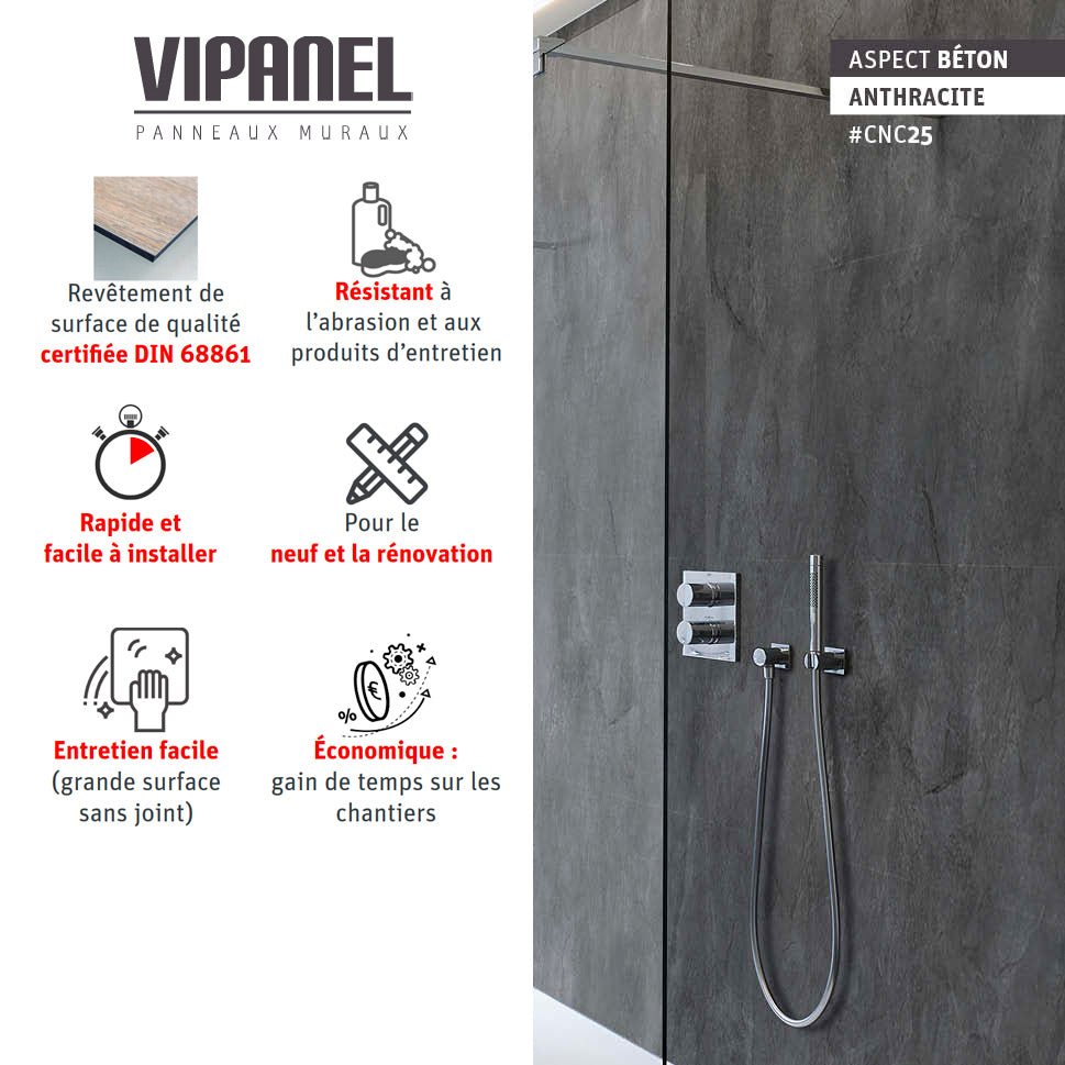 VIPANEL Panneau mural en alu-composite aspect Béton anthracite finition mat perlée