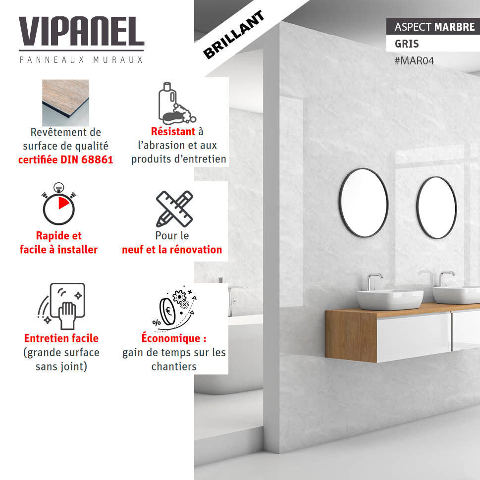 Panneau mural VIPANEL, type panneau mural, couleur gris aspect marbre, finition brillante.