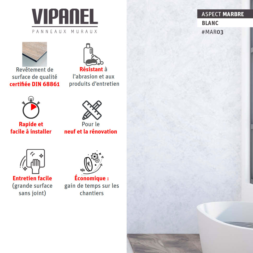 VIPANEL Panneau mural en alu-composite aspect marbre Blanc finition mat perlée