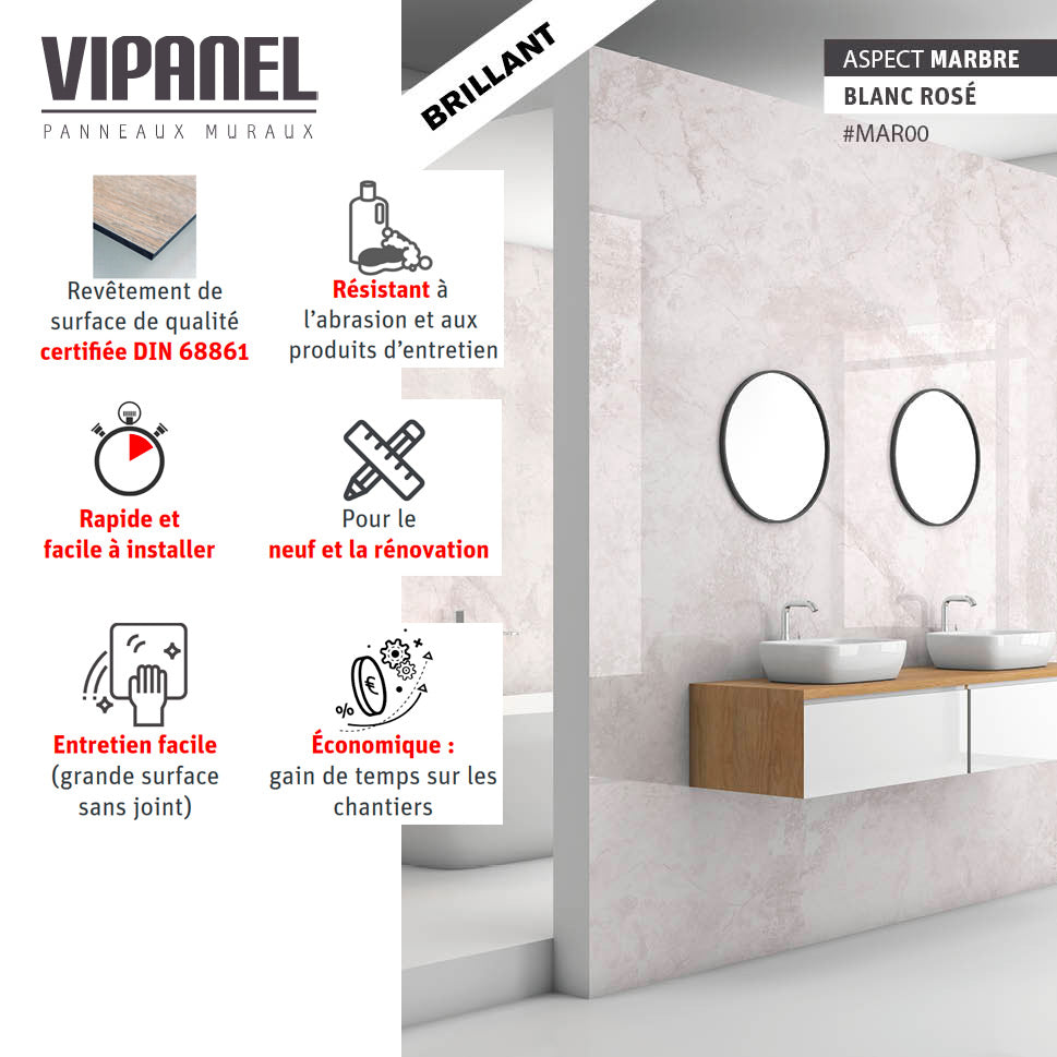 VIPANEL Panneau mural en alu-composite aspect marbre Blanc Rosé finition brillant