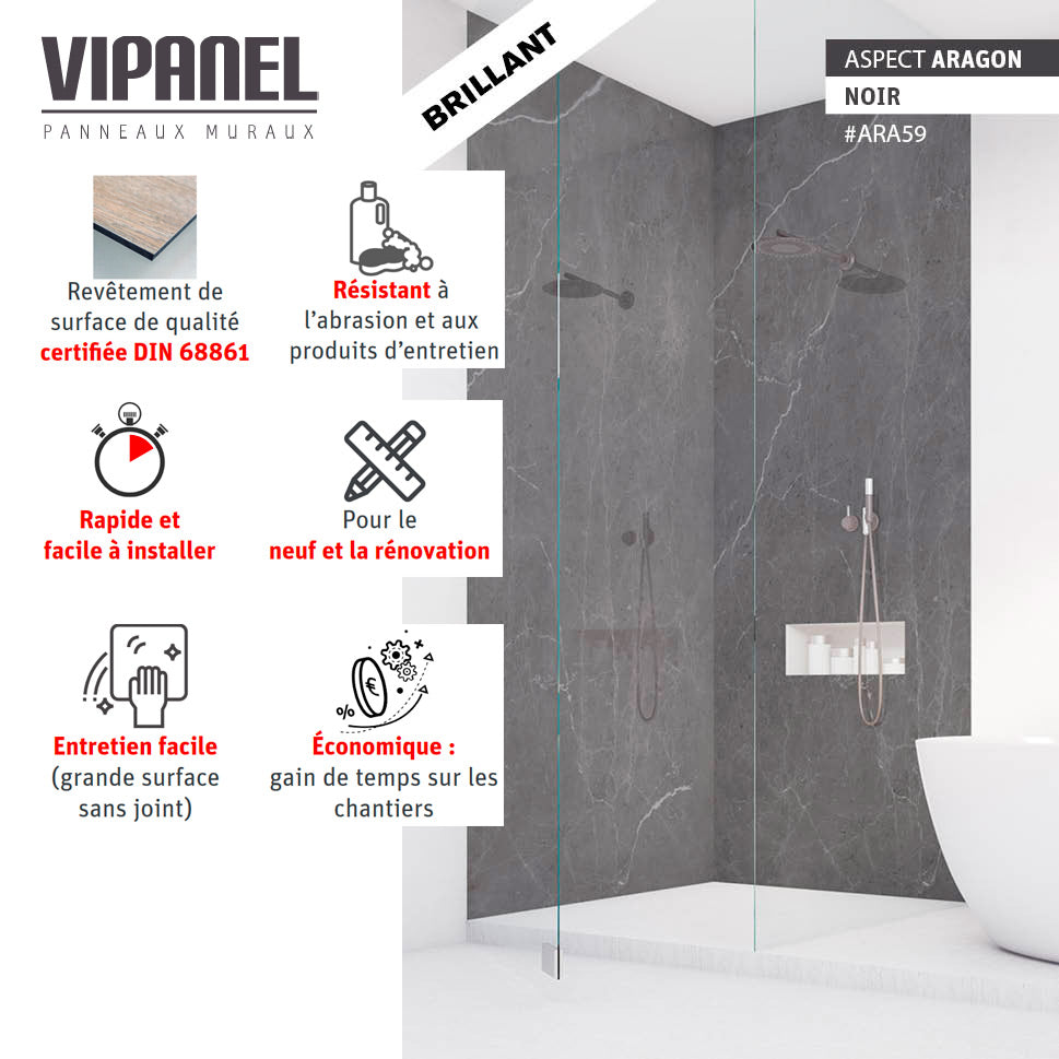 VIPANEL Panneau mural en alu-composite aspect aragon Noir finition brillant
