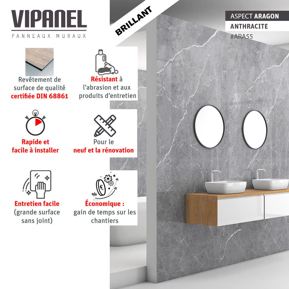 VIPANEL Panneau mural en alu-composite aspect aragon Anthracite finition brillant