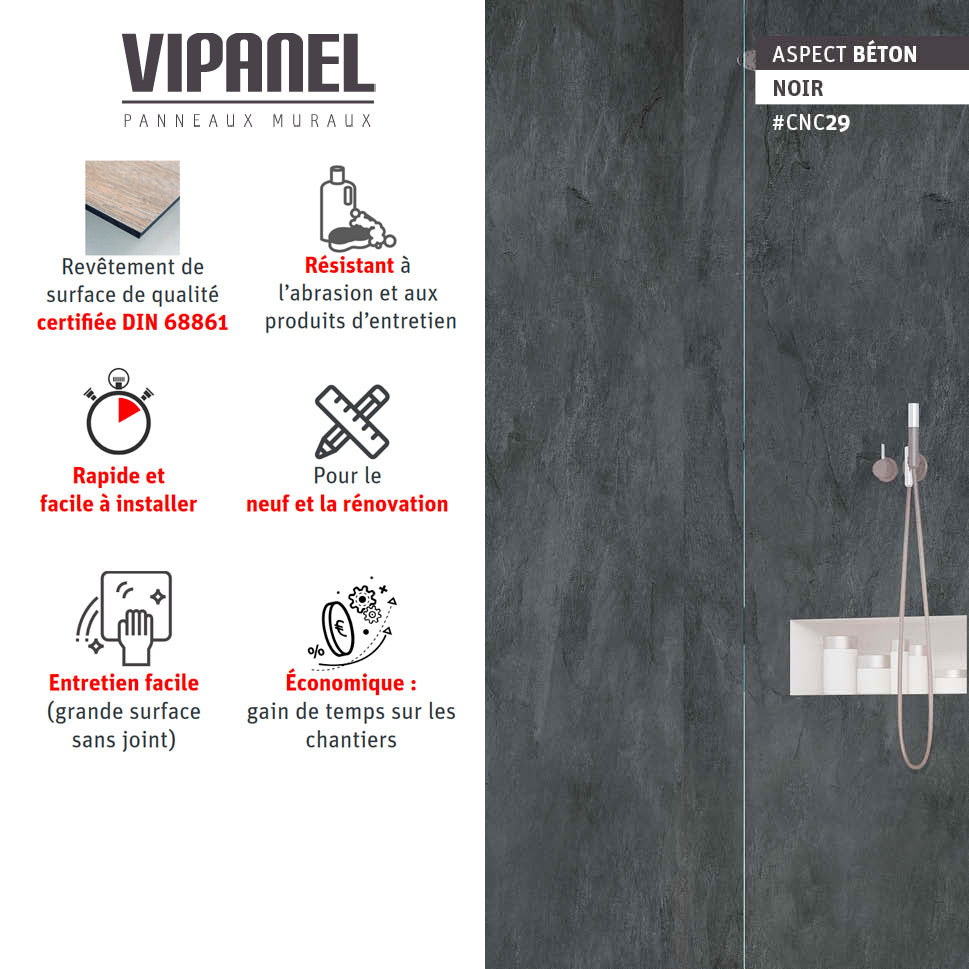 VIPANEL Panneau mural en alu-composite aspect Béton noir finition mat perlée