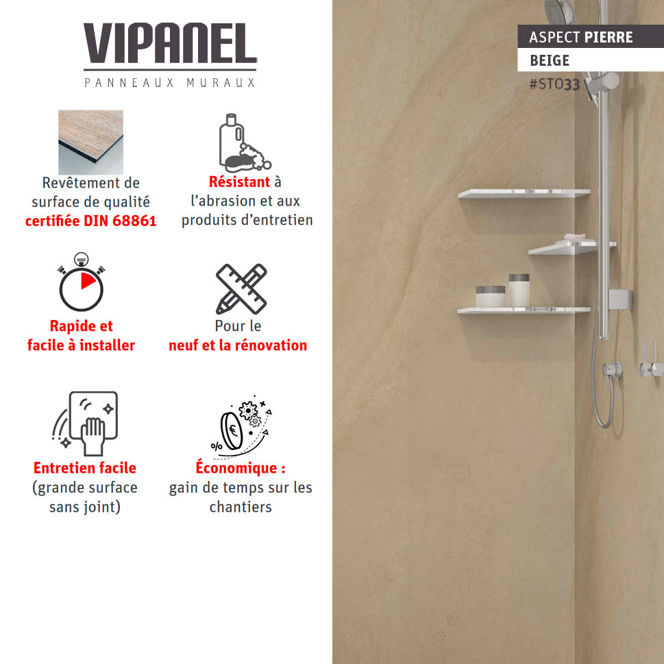 VIPANEL Panneau mural en alu-composite aspect pierre Beige finition mat perlée