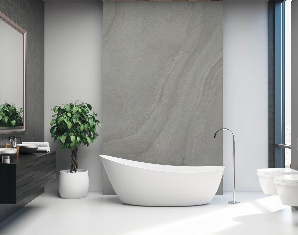 Ambiance salle de bain avec panneau mural Vipanel, type panneau mural, couleur pierre grise.
