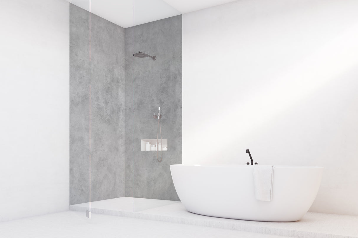Douche angle Vipanel, marque Matperle, type béton ciré, couleur gris béton, salle de bain design.