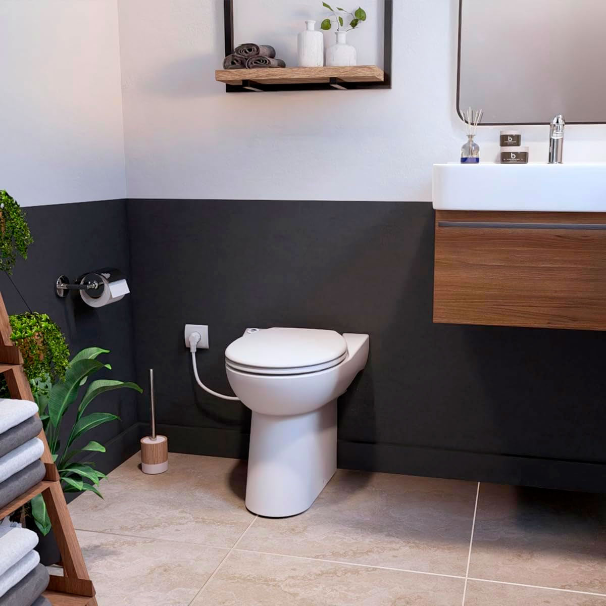 Cuvette WC compacte SFA Sanicompact 43 Eco+ avec broyeur intégré, design moderne et fonctionnalité écologique.