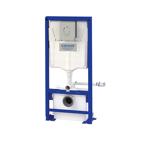 Broyeur SFA avec bâti-support WC Grohe et habillage en verre Saniwall Pro Up, installation sanitaire moderne.
