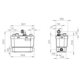 Pompe de relevage SFA Sanispeed+ pour eaux usées, avec moteur compact et connexion flexible, visible en image.