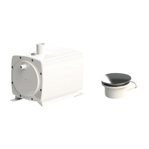 Pompe de relevage Sanifloor+ SFA avec bonde Ø90 pour receveurs extra-plat, vue de face, en fonctionnement.