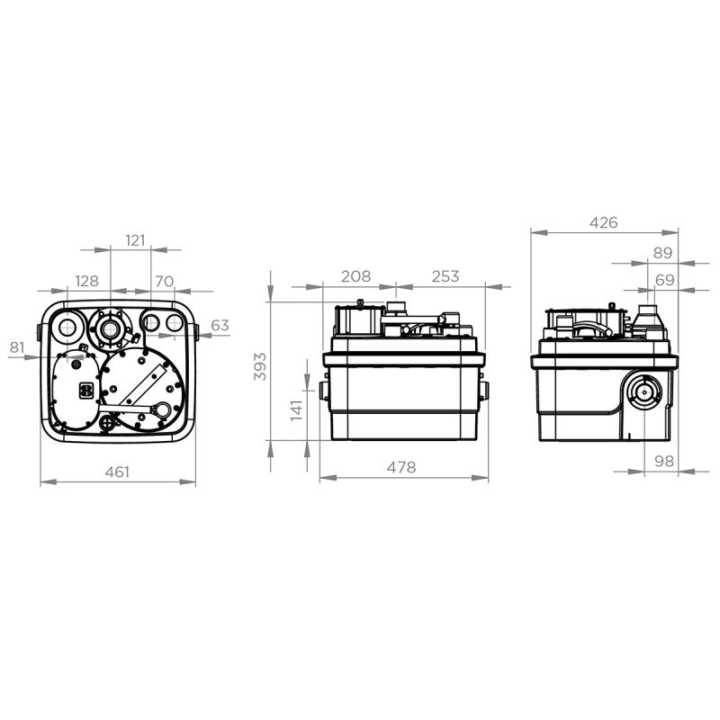 Pompe de relevage SFA Sanicubic 1 pour eaux grises et vannes, machine compacte avec tuyaux connectés.