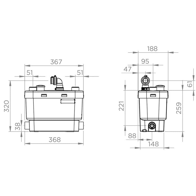 Pompe de relevage eaux grises SFA SANIVITE+ avec moteur et tuyaux pour évacuation efficace des eaux usées.