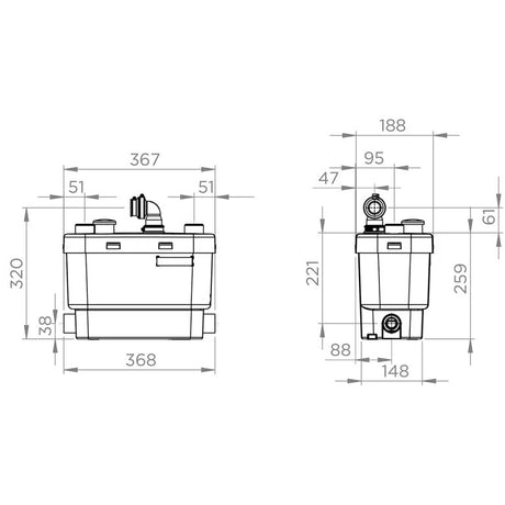 Pompe de relevage eaux grises SFA SANIVITE+ avec moteur et tuyaux pour évacuation efficace des eaux usées.