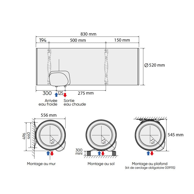 Chauffe-eau ATLANTIC Ø530 Horizontal alimentation par le dessous mono blindé CHAUFFÉO 100L