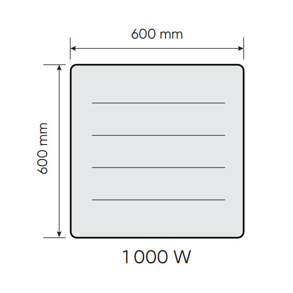 Radiateur blanc de marque inconnue, carré 600x600 mm, puissance 1000W, schéma technique.