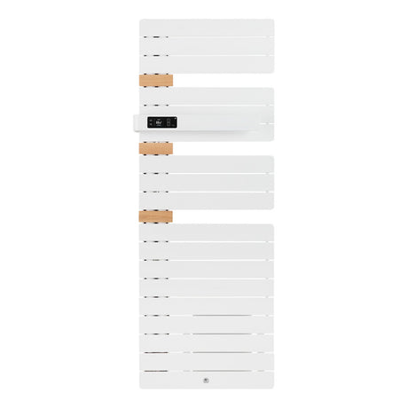 Radiateur sèche-serviettes Acova blanc avec inserts bois, panneau de contrôle digital