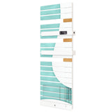 Radiateur sèche-serviettes Cayenne blanc et turquoise avec inserts en bois, panneau de contrôle visible.