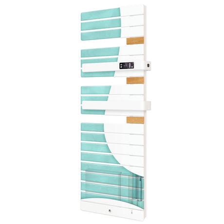 Radiateur sèche-serviettes Cayenne blanc et turquoise avec inserts en bois, panneau de contrôle visible.