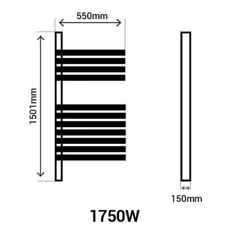 Radiateur sèche-serviettes noir, marque inconnue, dimensions 1501x550 mm, puissance 1750W.