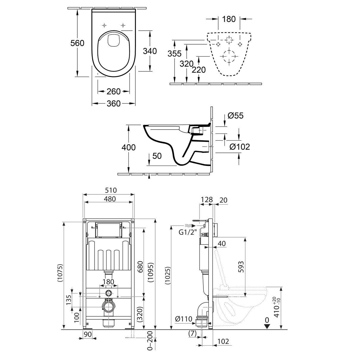 VILLEROY & BOCH Bâti-support sol-mur avec plaque de déclenchement et Cuvette suspendue O.Novo
