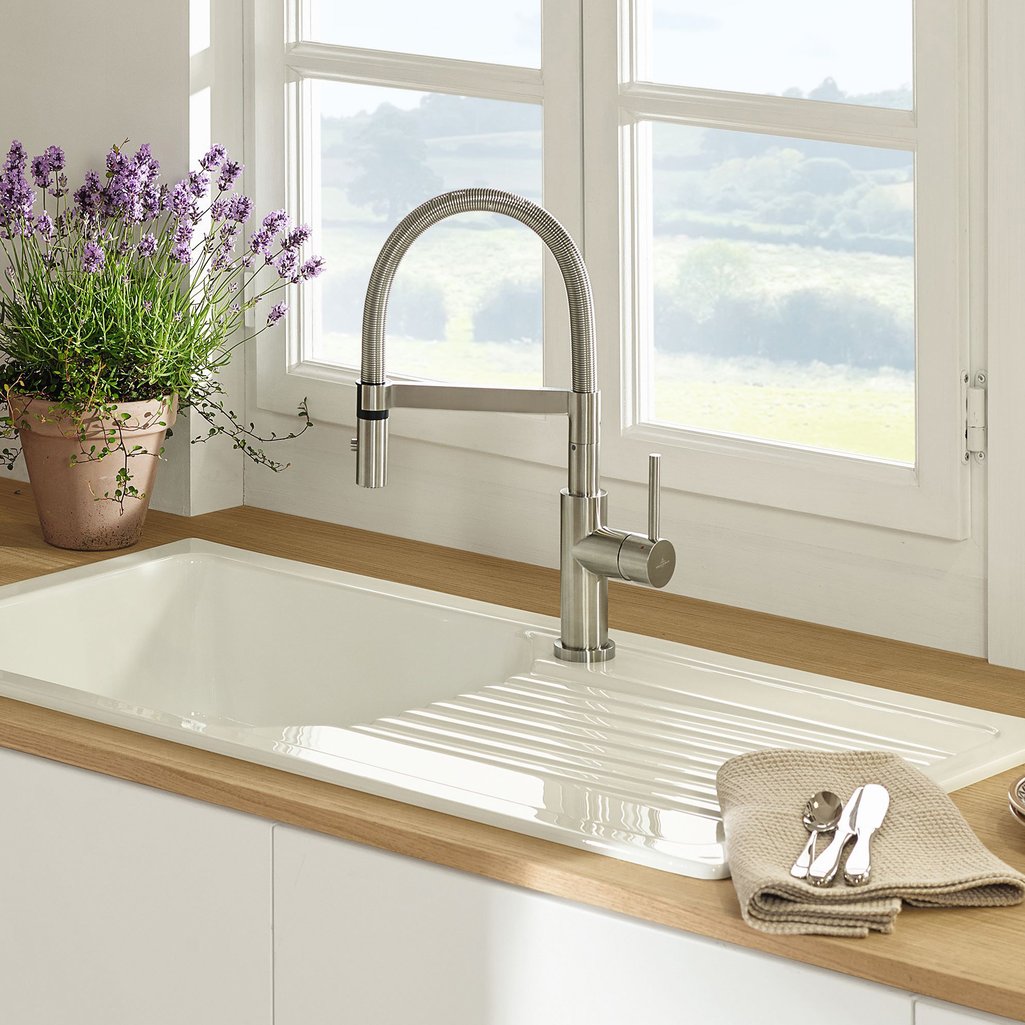 Villeroy & Boch Mitigeur cuisine rabattable Steel Expert Compact Window, acier inoxydable massif