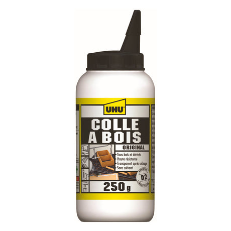 UHU Colle à bois originale -  Plus forte que le bois, résistante à l'humidité, D2, sans solvants, embout de précision, transparente, biberon 250g