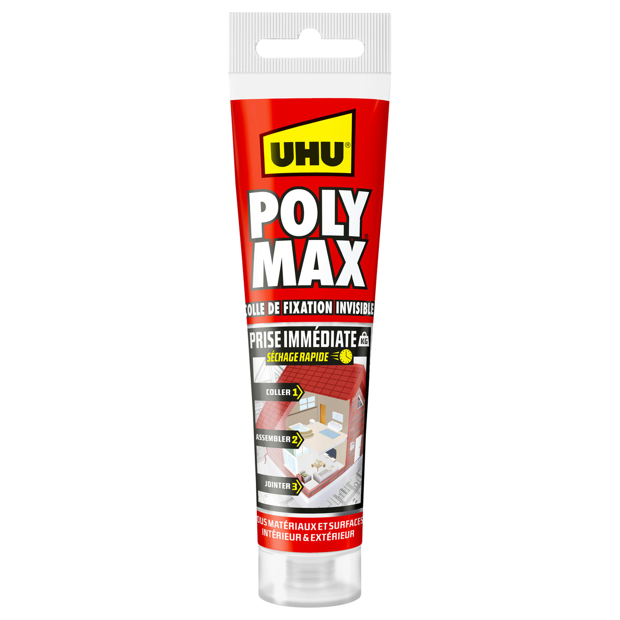 UHU Polymax prise immédiate- Mastic/colle MSP pour coller, assembler et jointer, toutes surfaces, ultra solide, sans solvants, blanc, tube 165 g