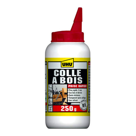 UHU Colle à bois express -  Plus forte que le bois, résistante à l'humidité, D2, sans solvants, embout de précision, transparente, biberon 250g