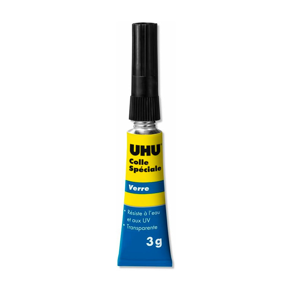 UHU Colle spéciale verre - colle forte, rapide, étanche, réactive aux UV, transparente, tube 3g