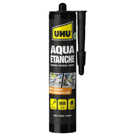 Cartouche noire de mastic étanche UHU Aqua Étanche pour joints, couleur noire, produit d'étanchéité.